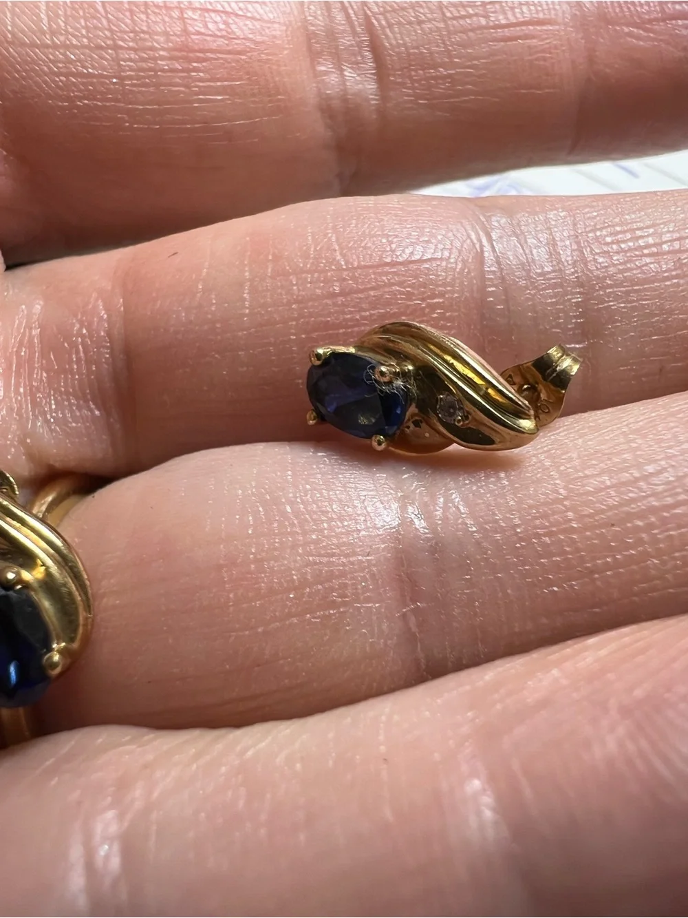 10K Gold Blue Sapphire Oval Stud Earrings with CZ Accent